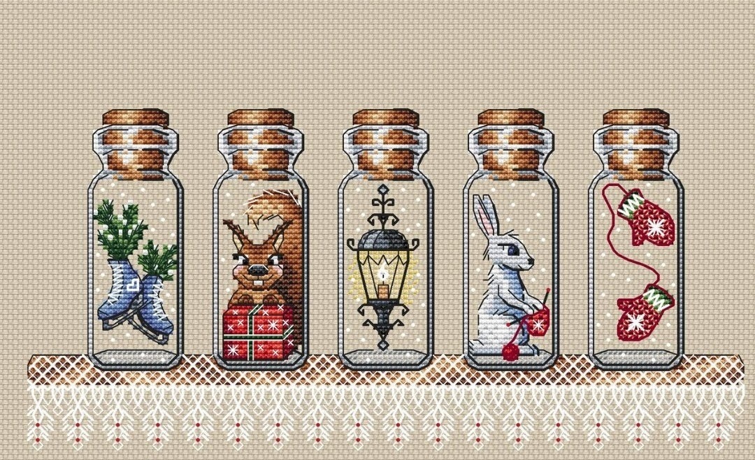 Bottles. Winter Shelf Cross Stitch Pattern фото 1