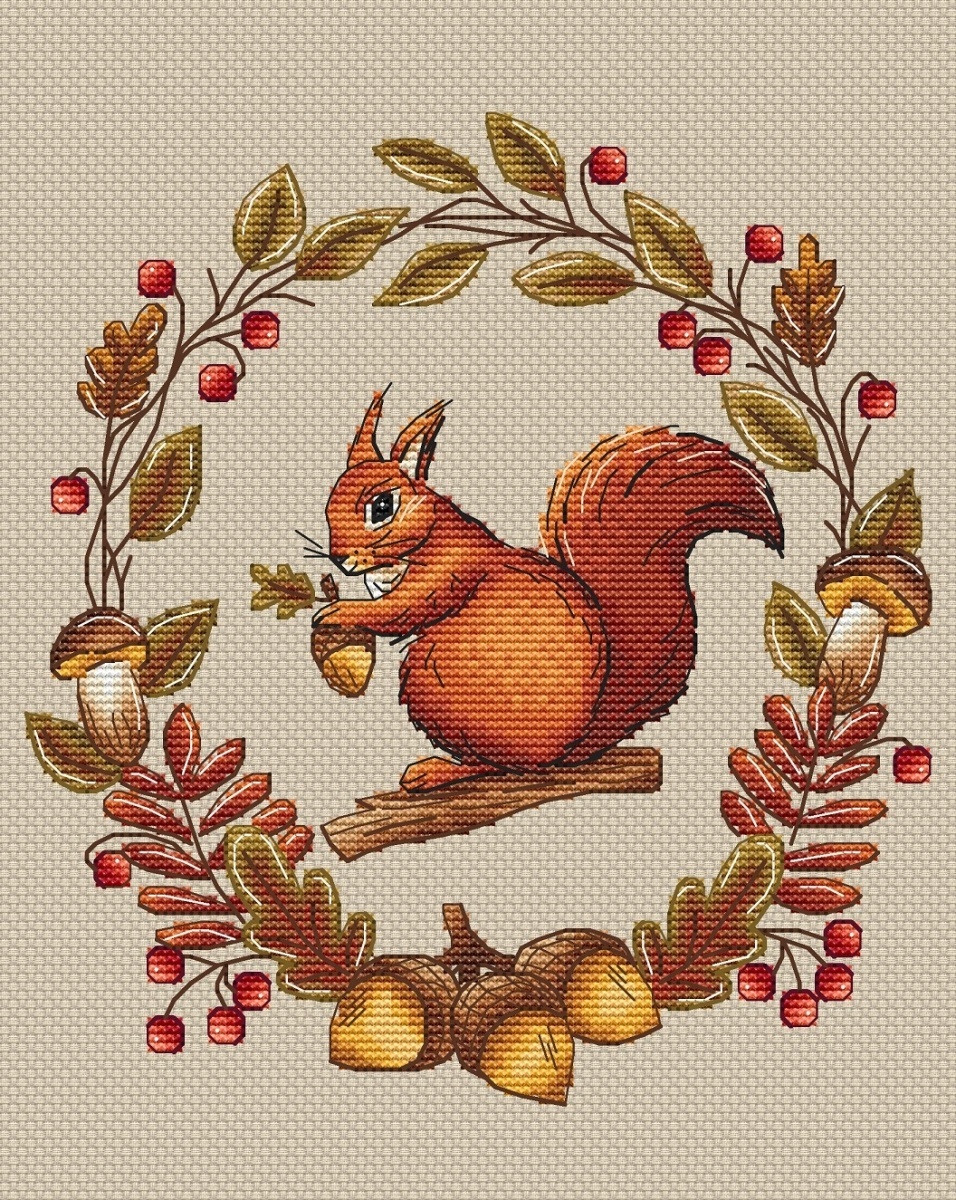 Squirrel in an Autumn Wreath Cross Stitch Pattern фото 1