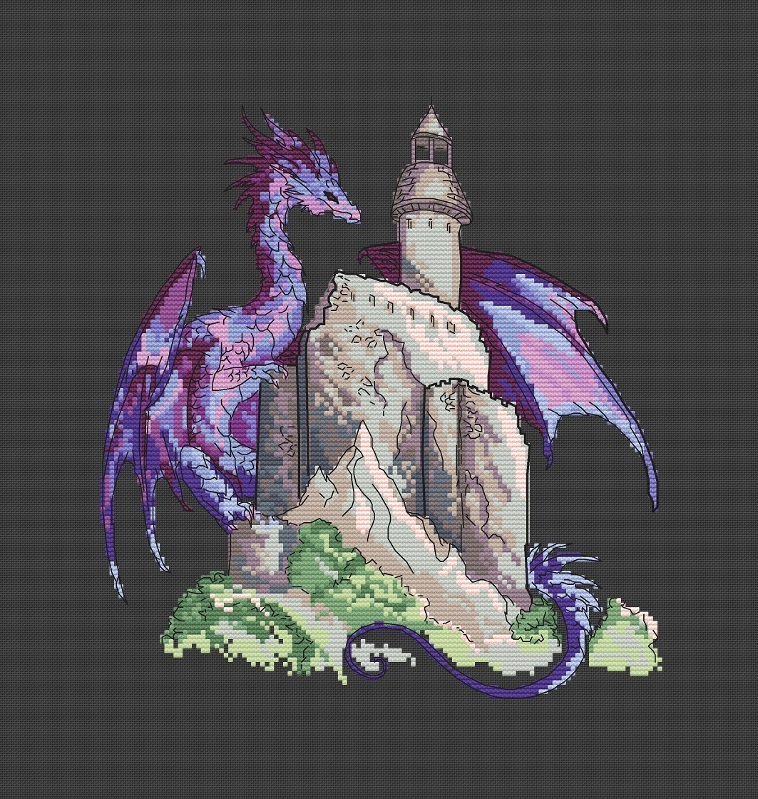 Purple Dragon with Castle Cross Stitch Pattern фото 4
