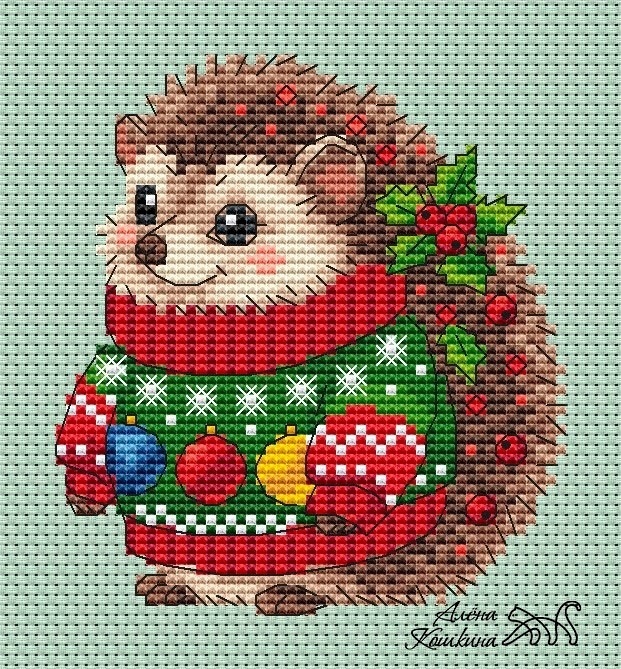Hedgehog in a Christmas Sweater Cross Stitch Pattern фото 1