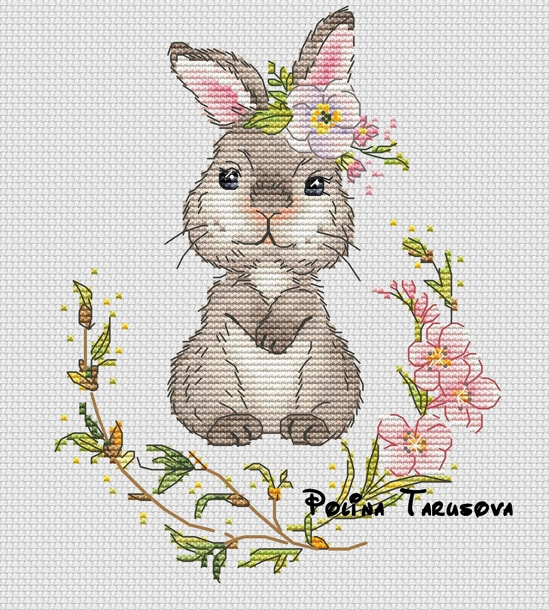Spring Gray Rabbit Cross Stitch Pattern фото 1