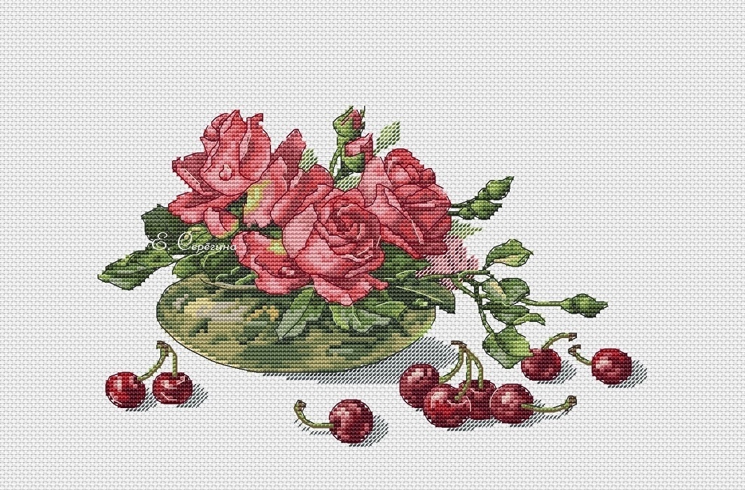 Roses and Cherries Cross Stitch Pattern фото 1