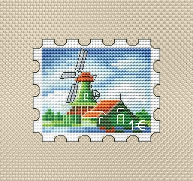 Zaanse Schans. Windmill Postage Stamp Cross Stitch Pattern фото 1