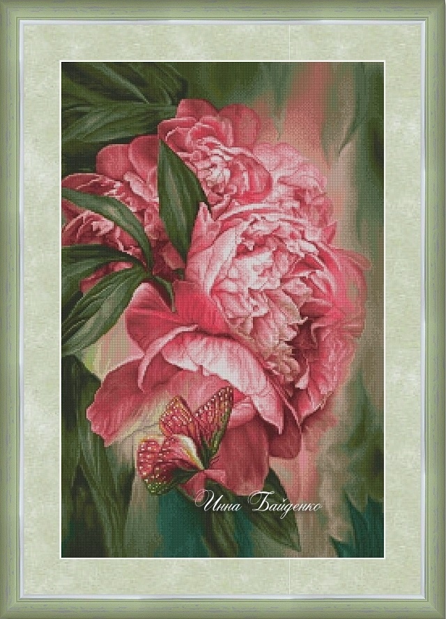 Peonies with a Butterfly Cross Stitch Pattern фото 1