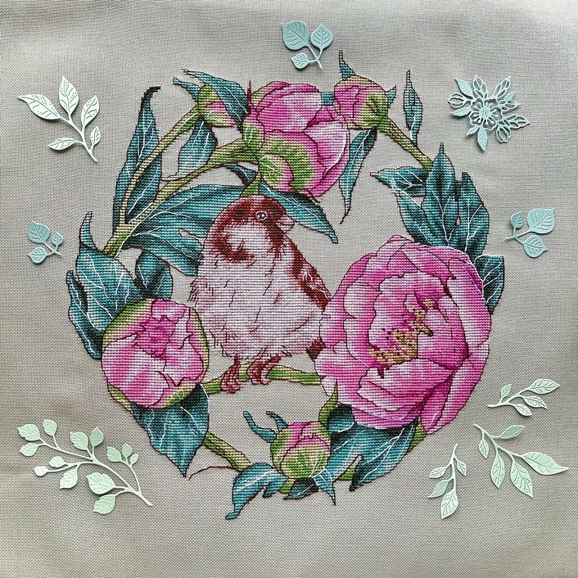 Pink Peonies and Bird Cross Stitch Pattern фото 2