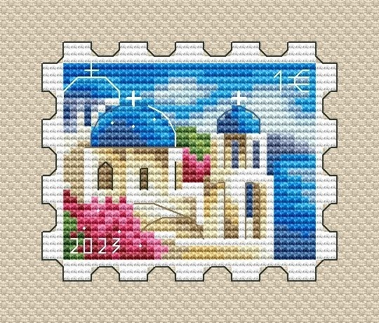 Roofs of Santorini Postage Stamp Cross Stitch Pattern фото 1