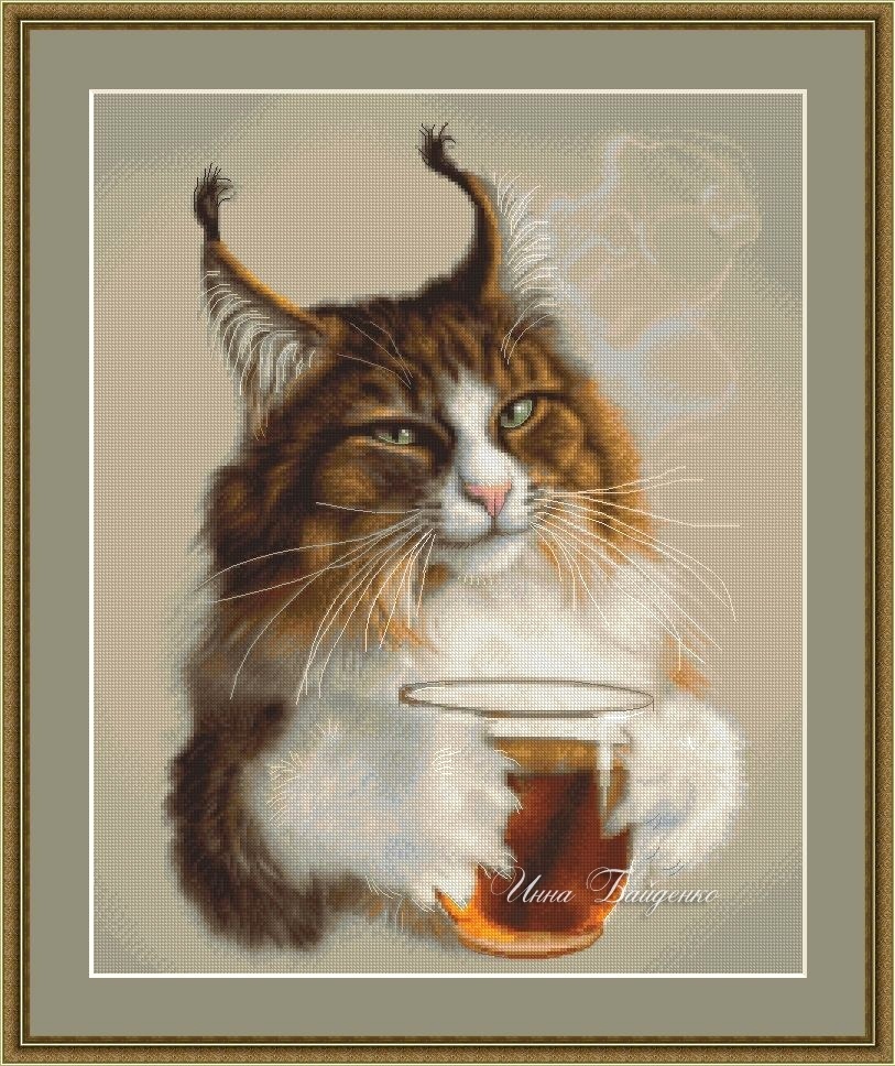 Cat with Tea Cross Stitch Pattern фото 1