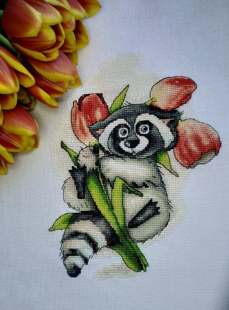 Raccoon with Tulips Cross Stitch Pattern фото 9
