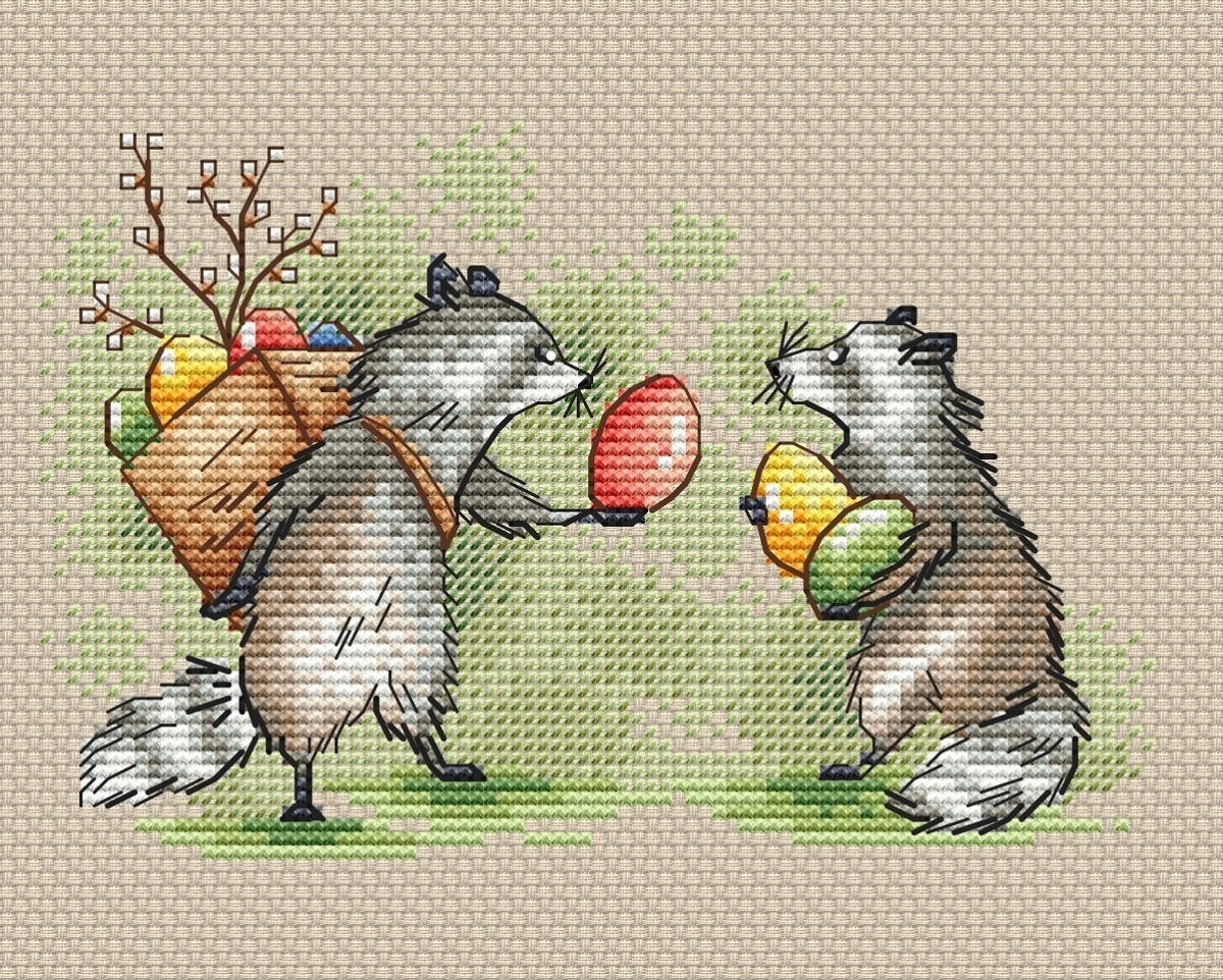 Easter Raccoons Cross Stitch Pattern фото 1