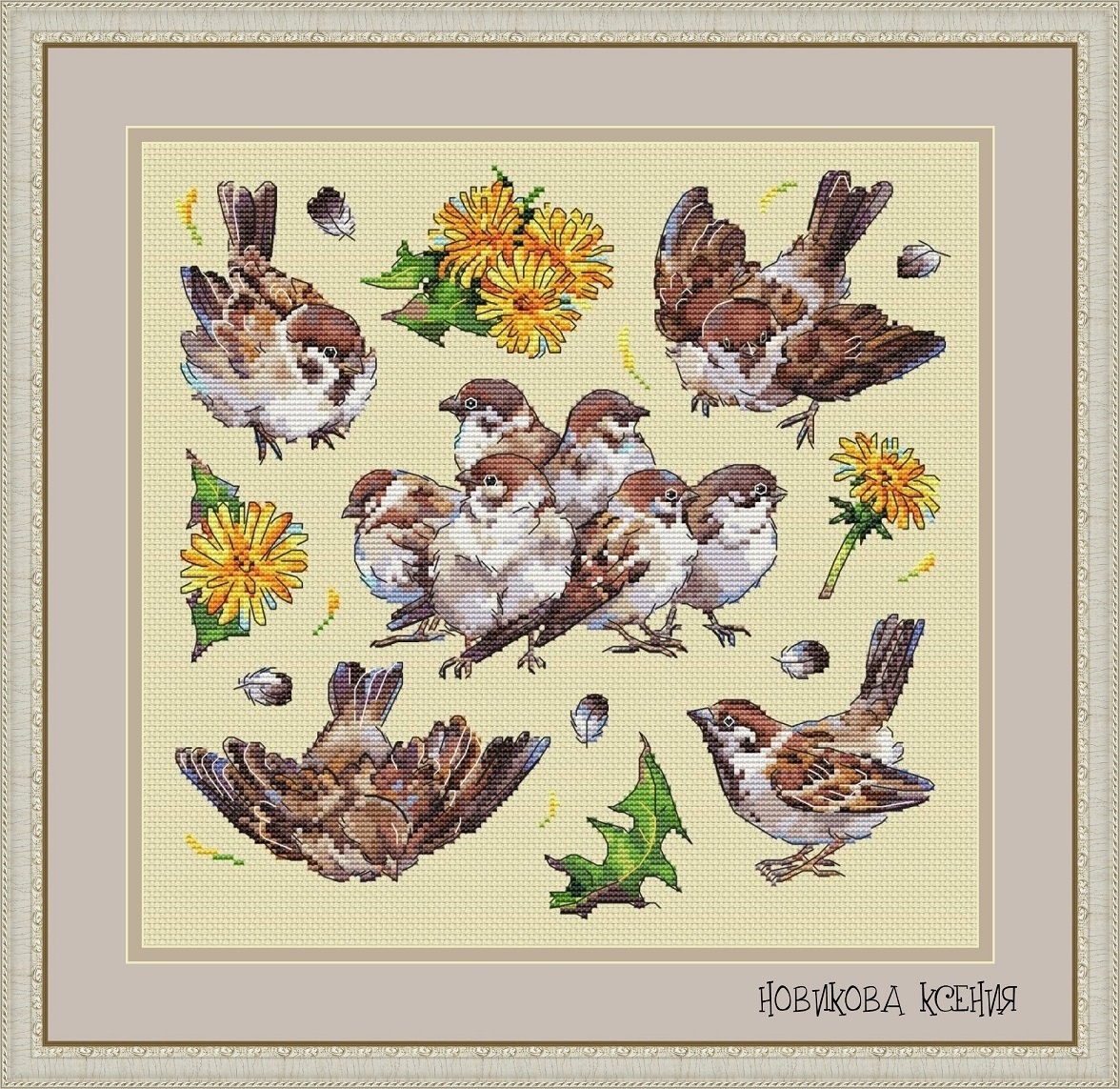 Sparrows and Dandelions Cross Stitch Pattern фото 1