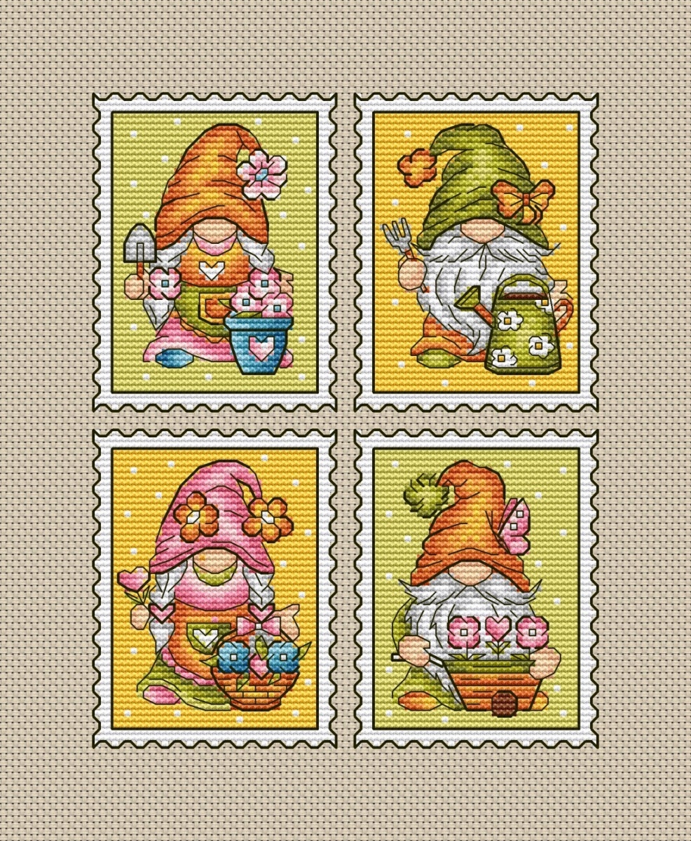 Spring Gnomes Postage Stamps Cross Stitch Pattern фото 1