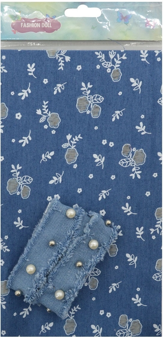 Blue with Flowers Denim Patchwork Fabric with Braid 29391 фото 2