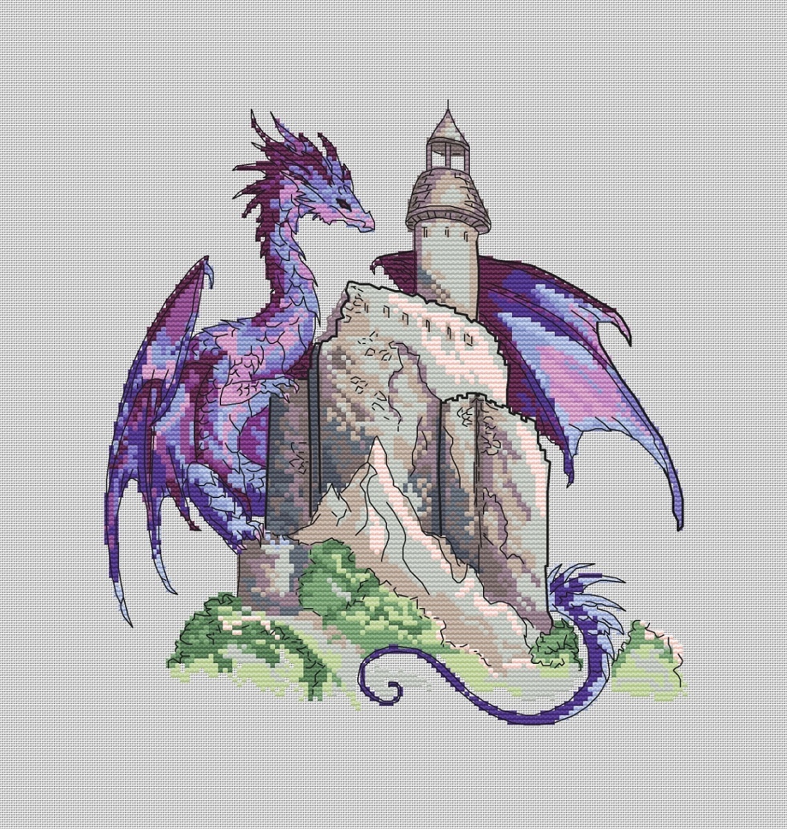 Purple Dragon with Castle Cross Stitch Pattern фото 1