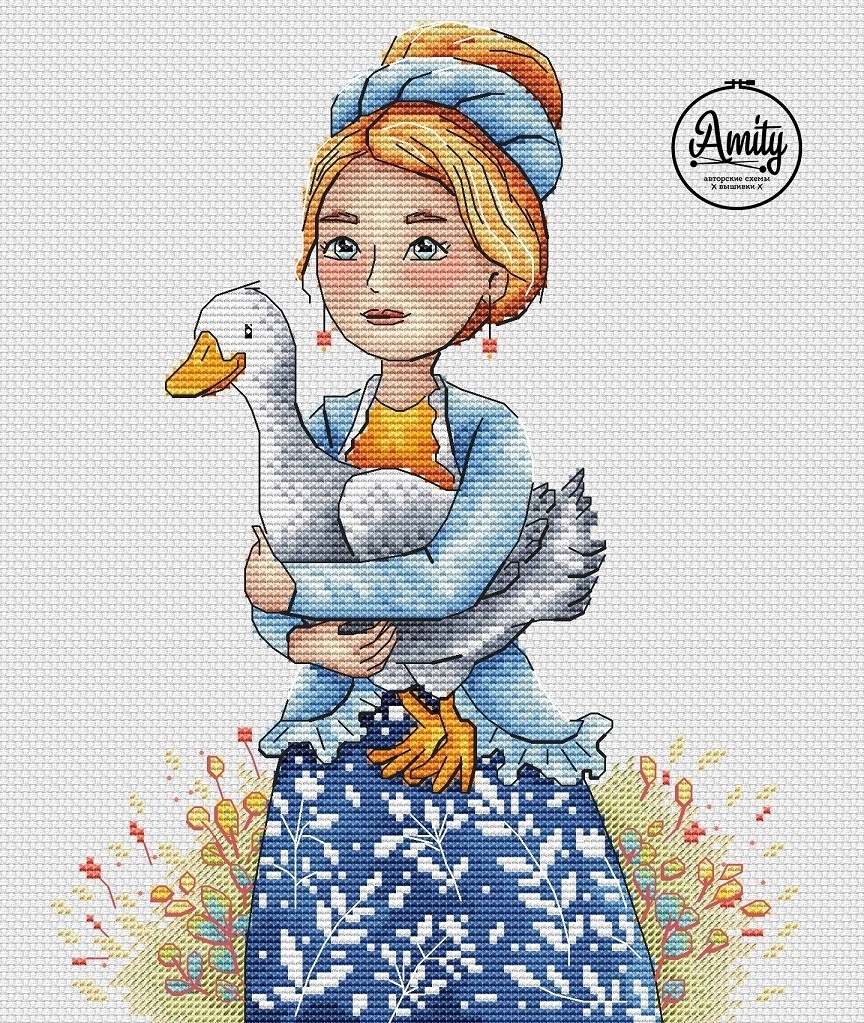 Girl with Goose Cross Stitch Pattern фото 1