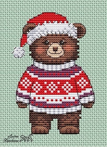 Bear in a Christmas Sweater Cross Stitch Pattern фото 1