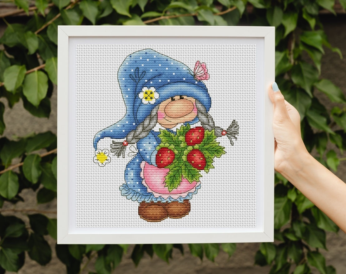 Gnome Girl with Strawberries Cross Stitch Pattern фото 1
