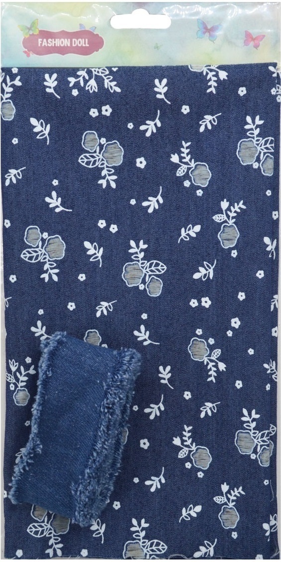 Navy with Flowers Denim Patchwork Fabric with Braid 29390 фото 2