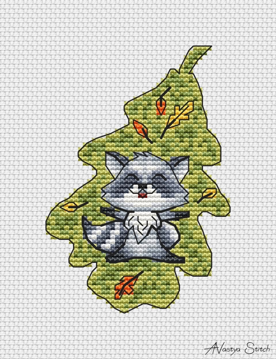 Leaf. Raccoon Cross Stitch Pattern фото 1