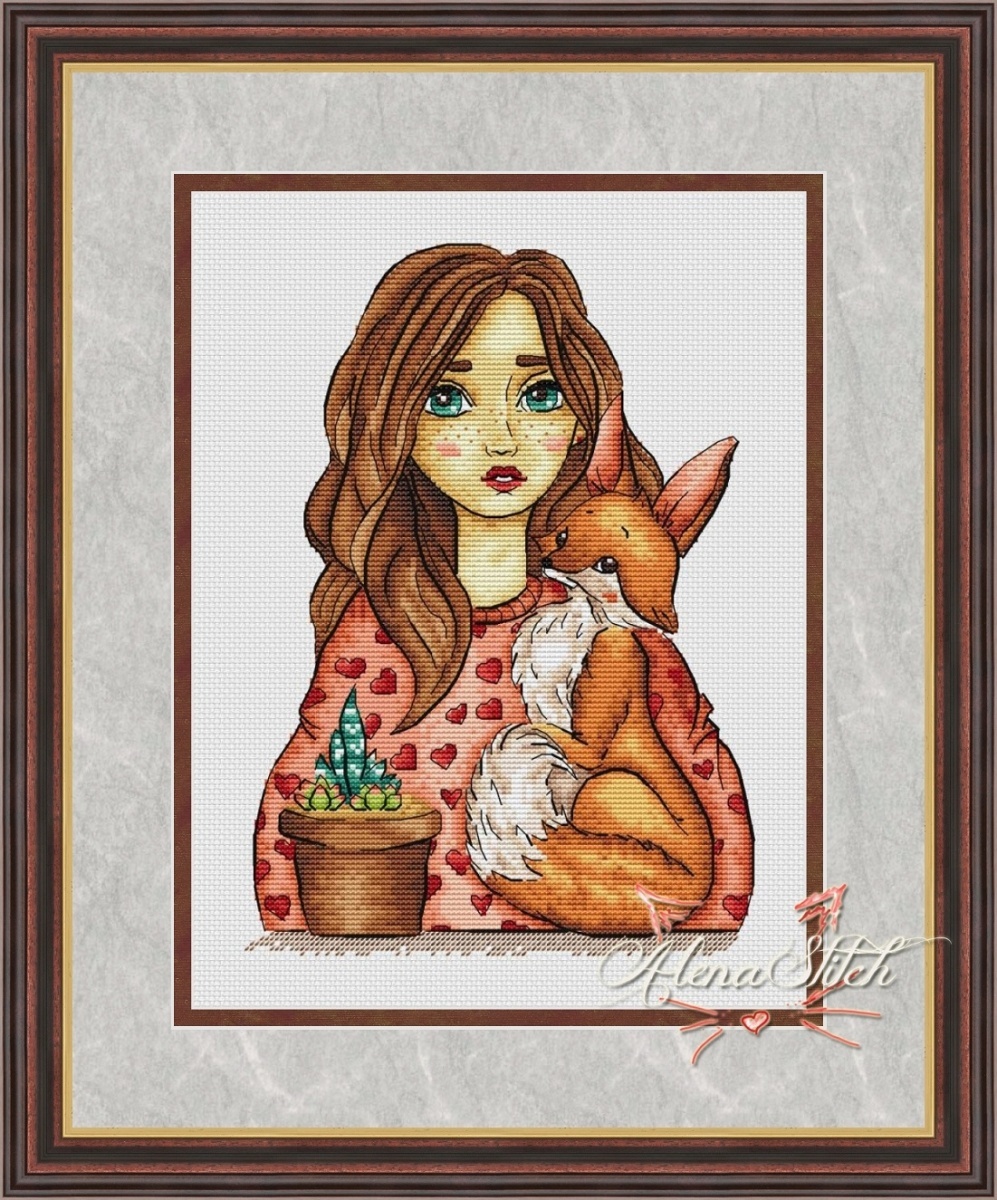 Girl with Fox Cross Stitch Pattern фото 1