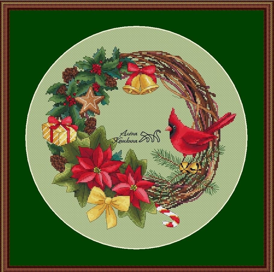Wreath with Cardinal Cross Stitch Pattern фото 1