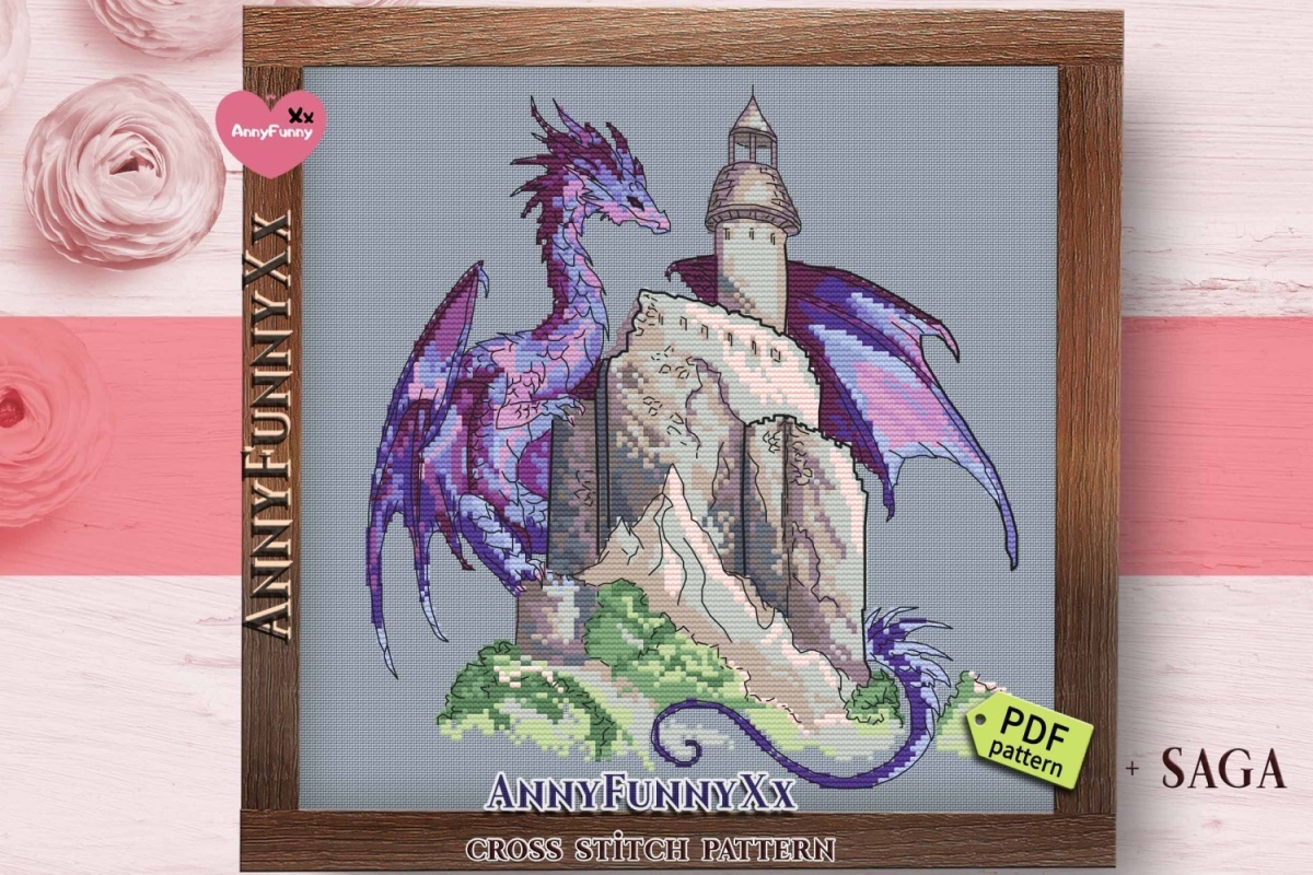 Purple Dragon with Castle Cross Stitch Pattern фото 10