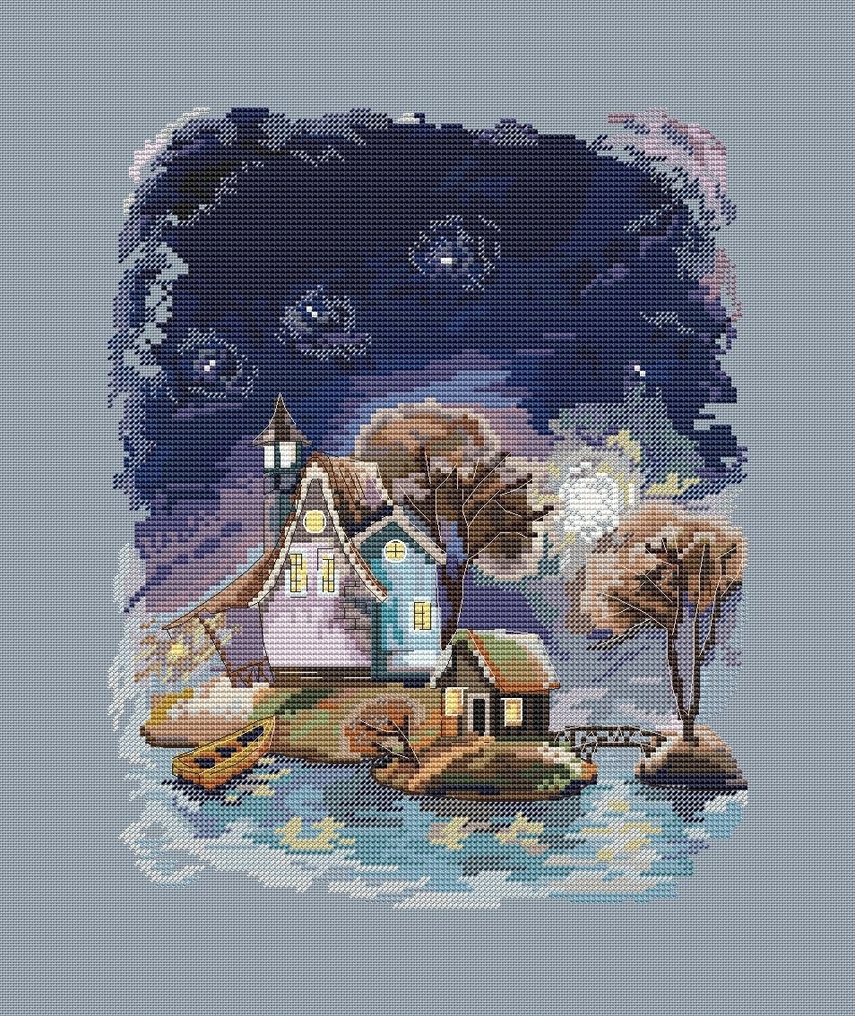 Houses on the Islands. Night Cross Stitch Pattern фото 2