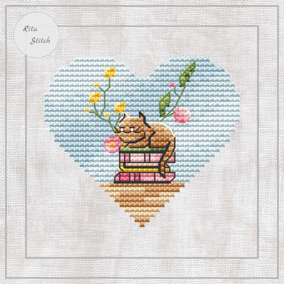 Heart Cat and Books Cross Stitch Pattern фото 1