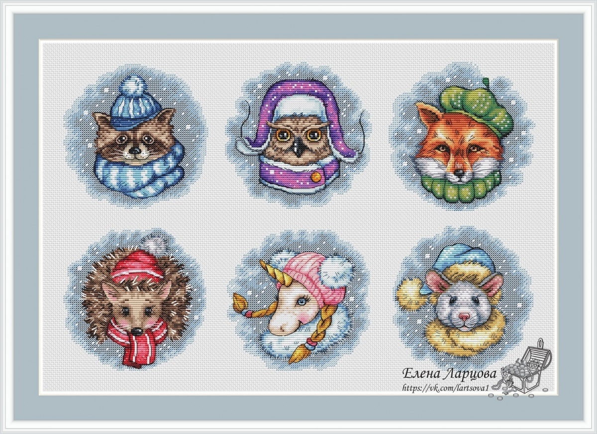 Animals in a Winter Hats Cross Stitch Pattern фото 1