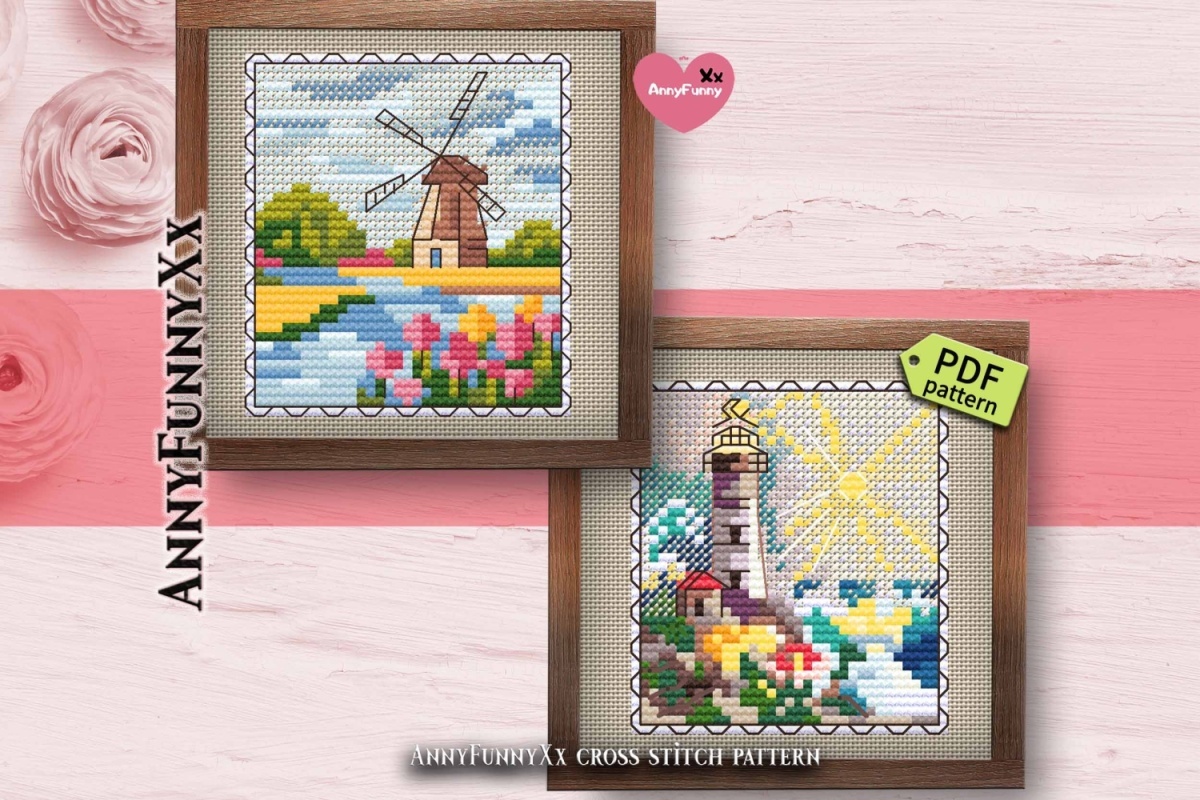Lighthouse Postage Stamp. Mini Stamp Series Cross Stitch Pattern фото 13