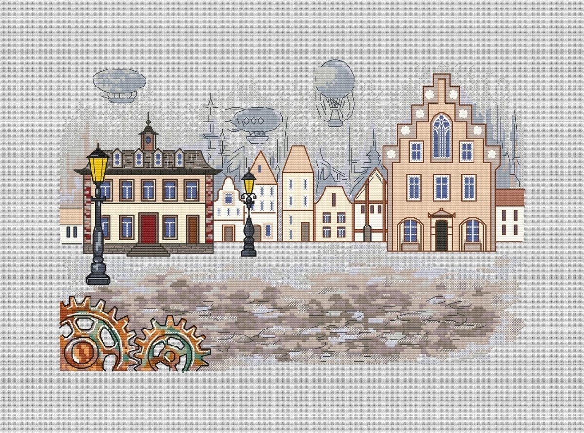 Steampunk City Cross Stitch Pattern фото 1