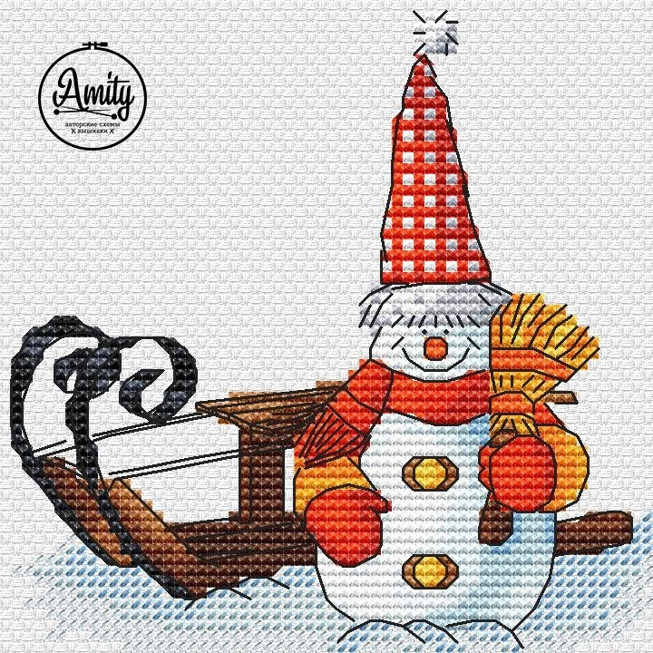 Snowman and Sleigh Cross Stitch Pattern фото 1