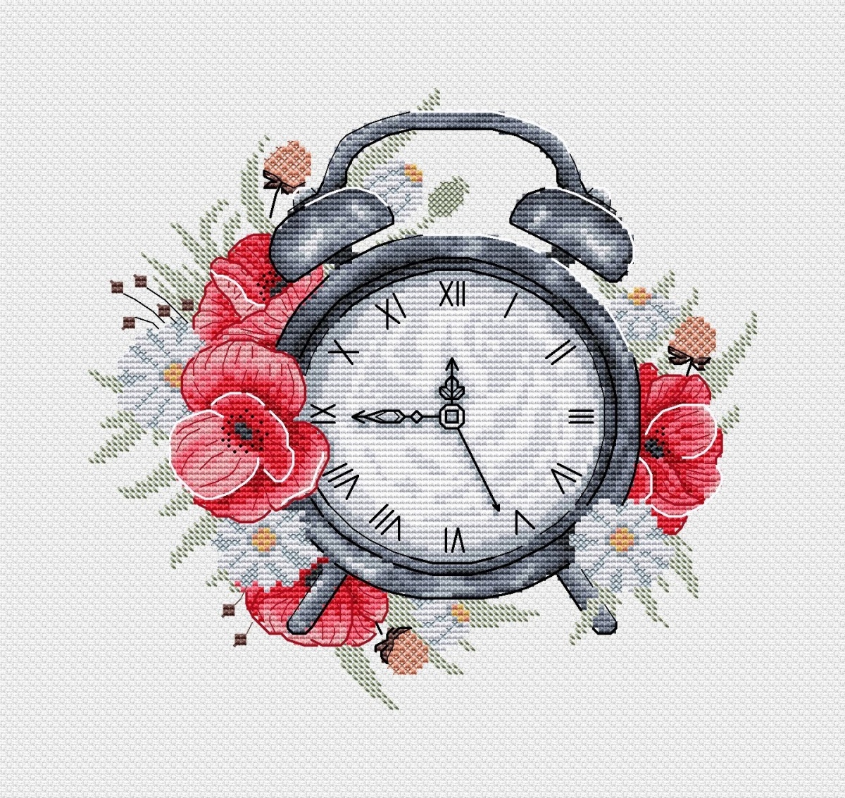 Alarm Clock with Poppies Cross Stitch Pattern фото 1