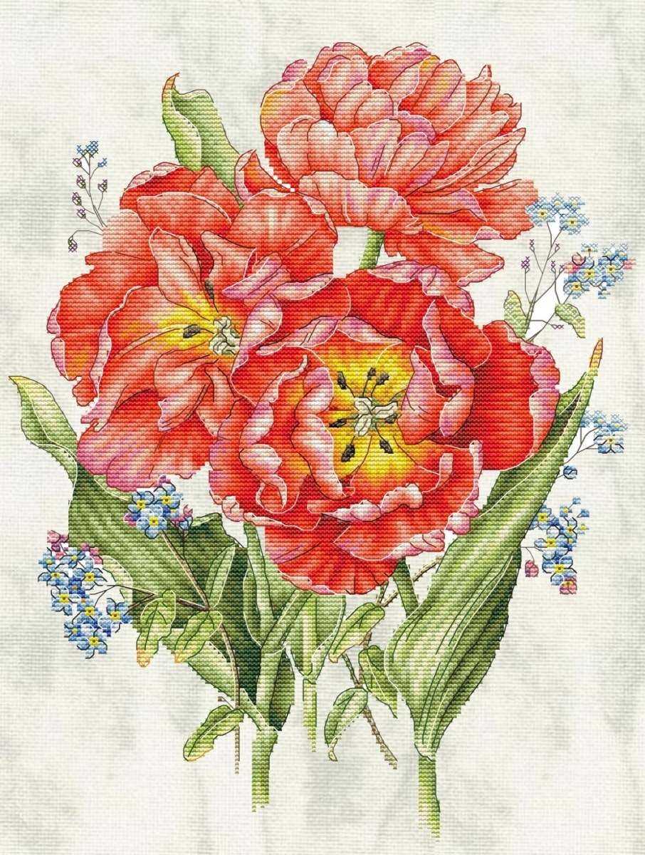 Tulips and Forget-me-nots Cross Stitch Pattern фото 1