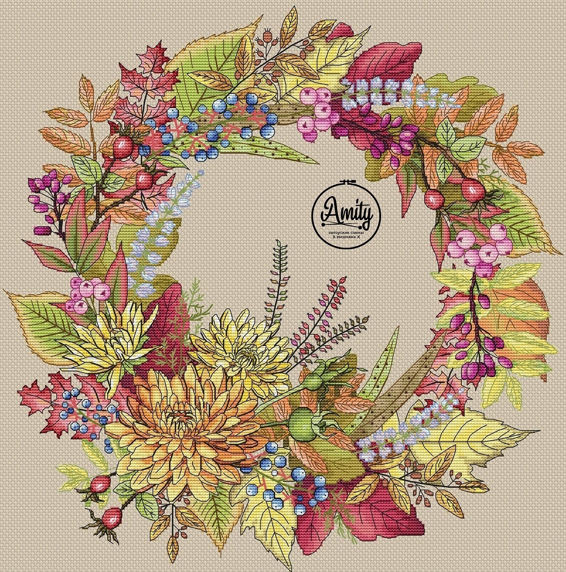 Autumn Berry Wreath Cross Stitch Pattern фото 1