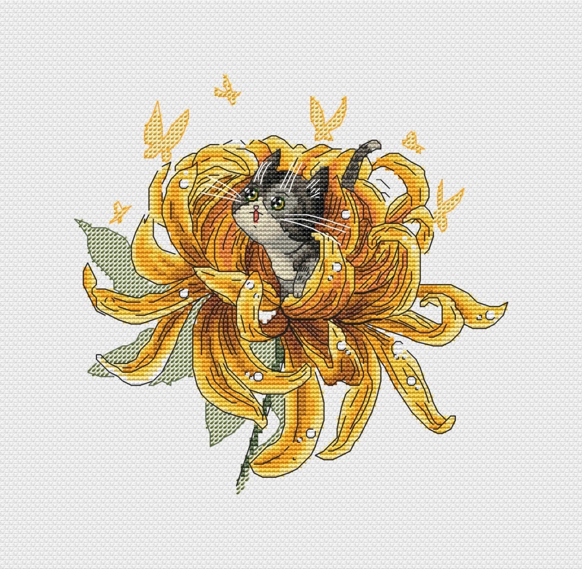 Chrysanthemum Cat Cross Stitch Pattern фото 1