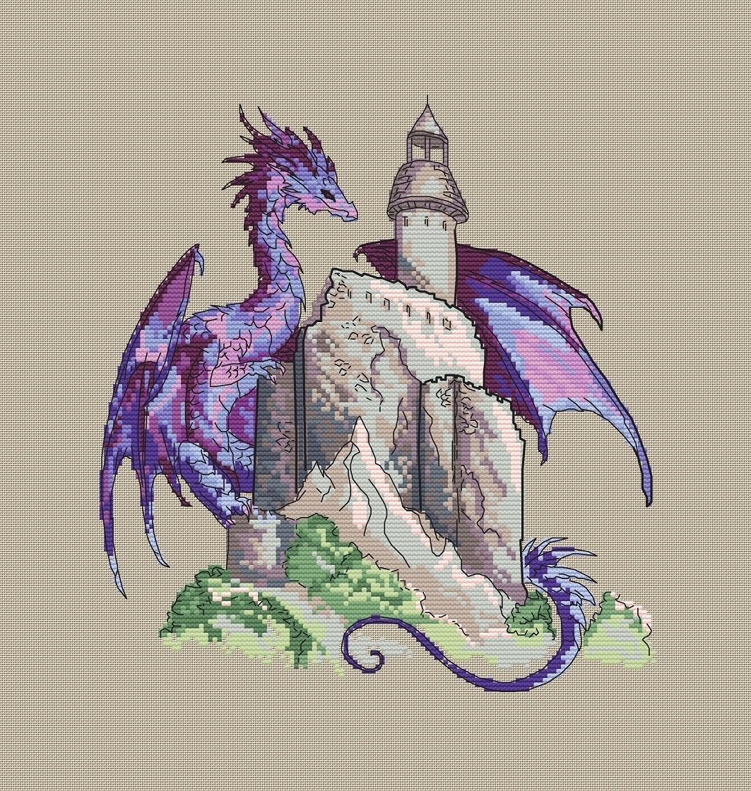 Purple Dragon with Castle Cross Stitch Pattern фото 2
