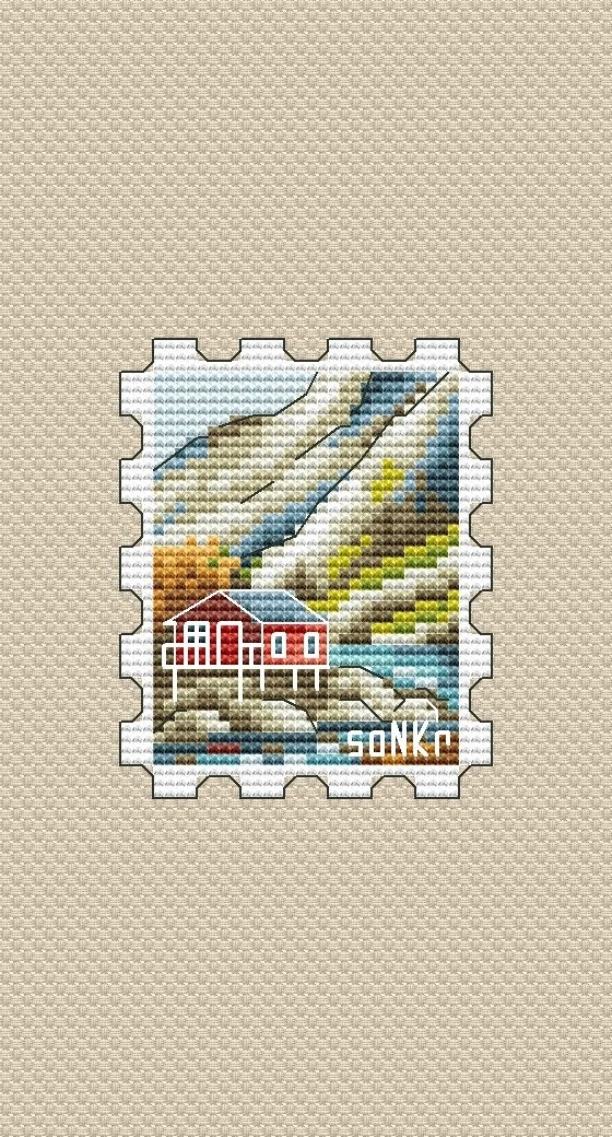 House in the Mountains Postage Stamp Cross Stitch Pattern фото 1