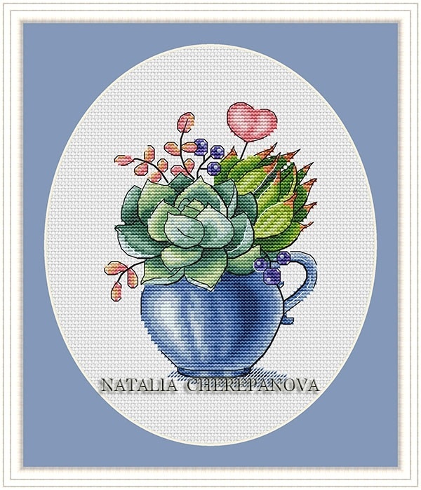 Succulents in Vase Cross Stitch Pattern фото 1