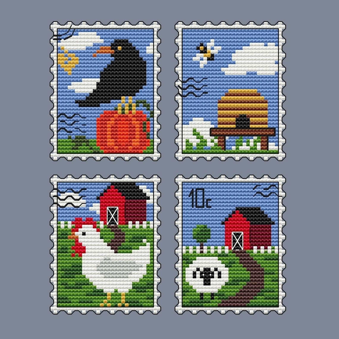Postage Stamps. On the Farm Set Cross Stitch Pattern фото 1