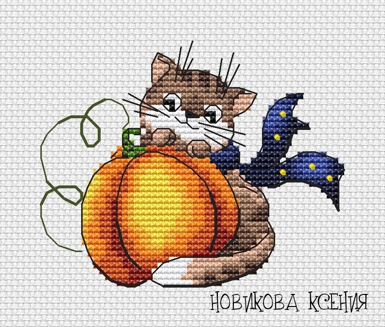Cat with Pumpkin Cross Stitch Pattern фото 1