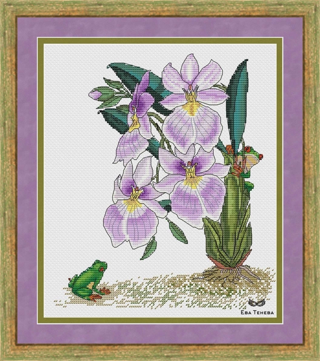 Orchid and Frogs Cross Stitch Pattern фото 1