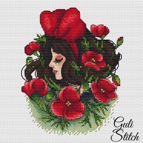 The Girl in the Poppies Cross Stitch Pattern фото 1
