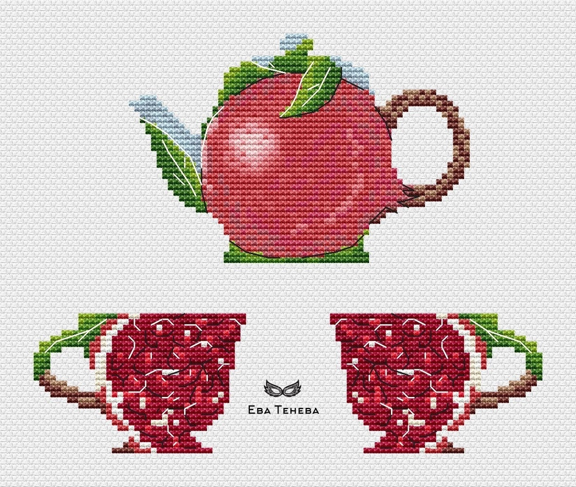 Pomegranate Tea Set Cross Stitch Pattern фото 1