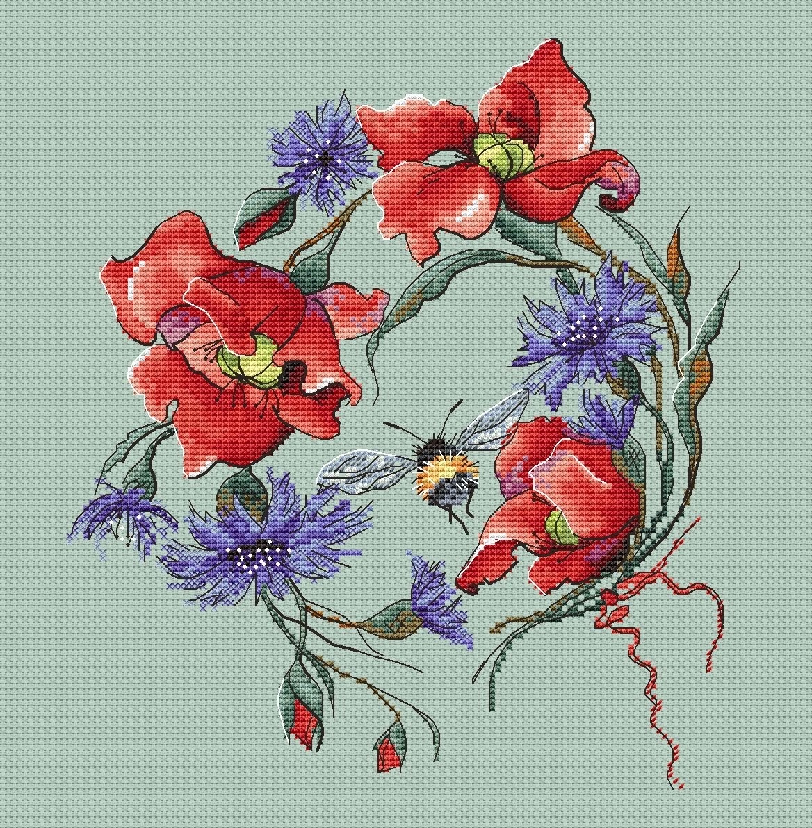 Poppy Wreath Cross Stitch Chart фото 1