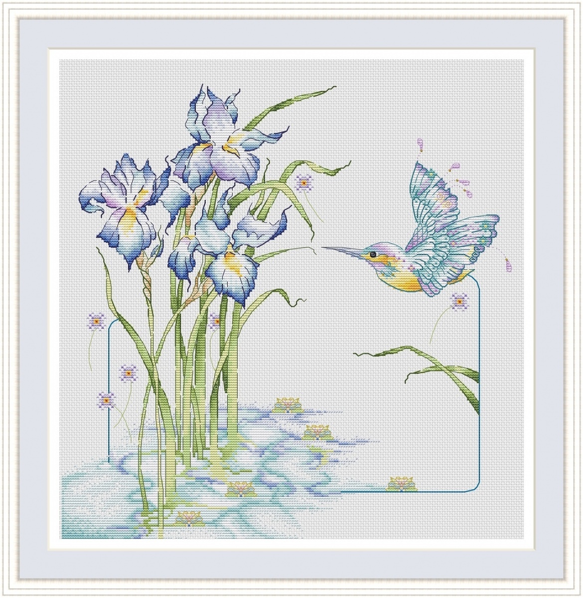 Hummingbird and Irises Cross Stitch Pattern фото 1