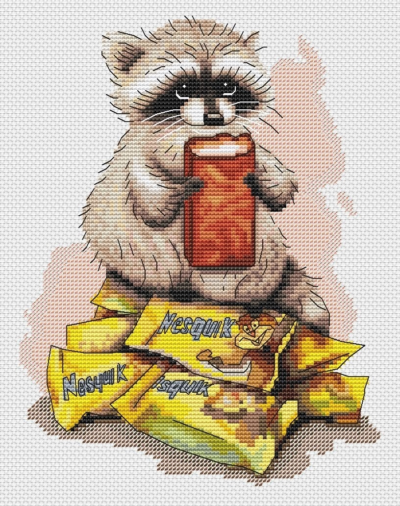 Raccoon with Nesquik Cross Stitch Pattern фото 1