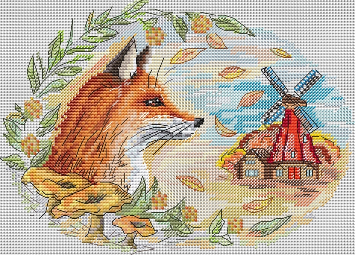 Autumn Fox and Windmill Cross Stitch Pattern фото 1