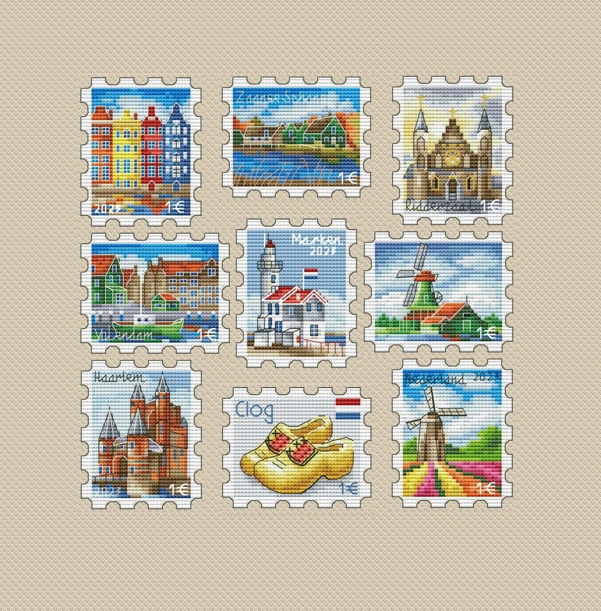 Netherlands Postage Stamp Set Cross Stitch Pattern фото 1