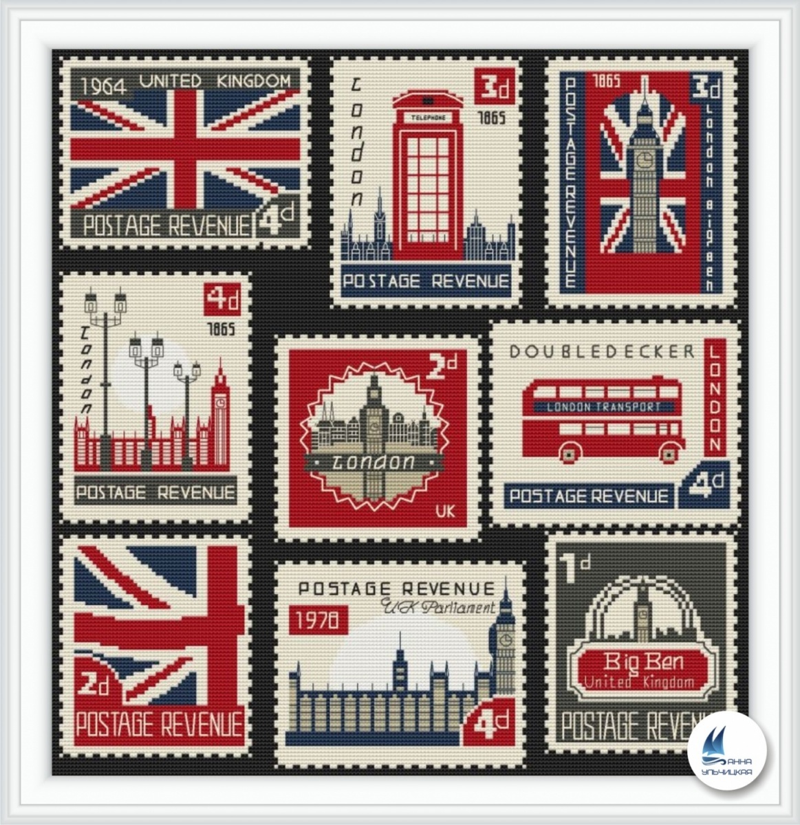 British Postage Stamps Cross Stitch Pattern, code AU-089 Anna Ulchitskaya