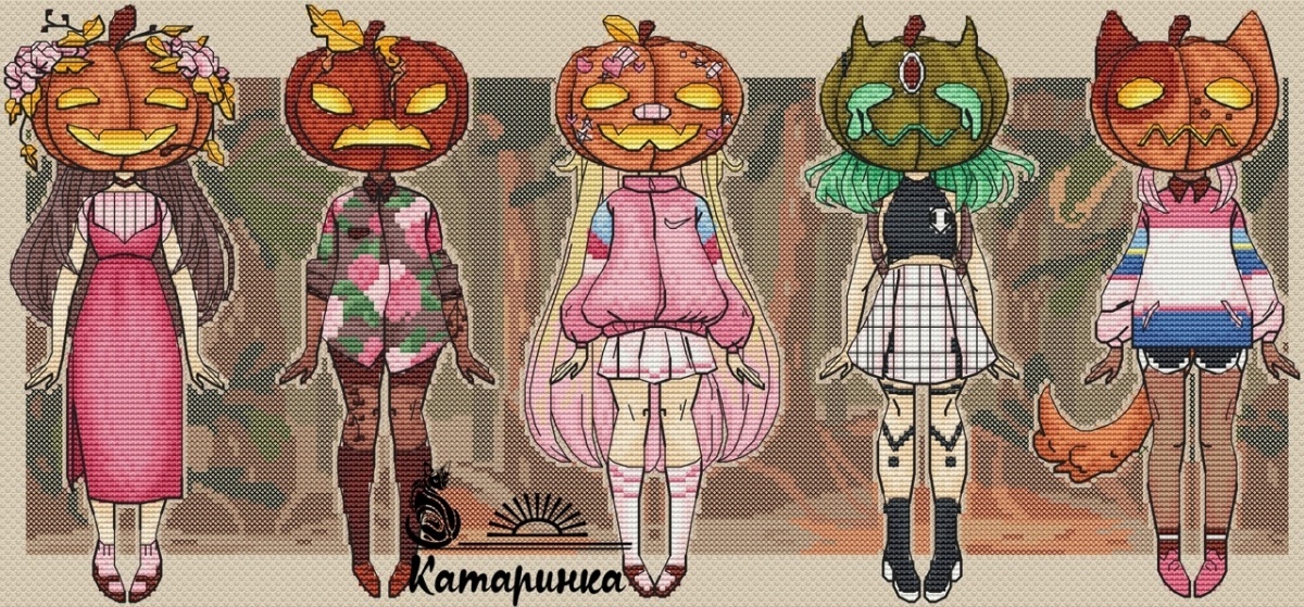 Pumpkin Girls Cross Stitch Pattern фото 1